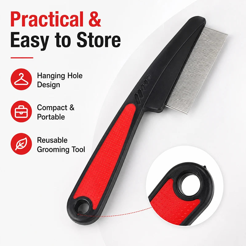 Pet Flea Comb for Dogs Cats Fine Tooth Stainless Steel Grooming Comb Anti-Slip Handle Pet Hair Remover Lice Comb for Short Fur