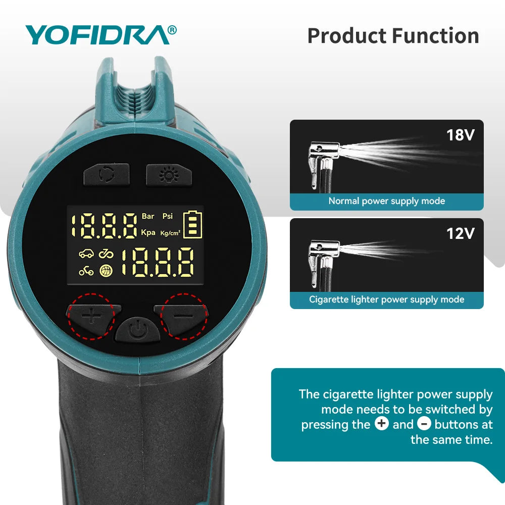 YOFIDRA Inflatable Electric Air Pump Digital Display Car Tire Inflator Automatic Air Inflator Power Tool For Makita Battery Pin