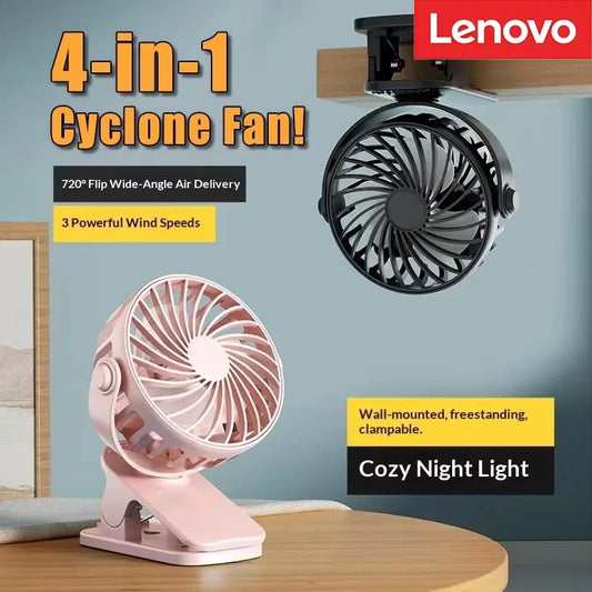 Lenovo New Portable Rechargeable Clip Fan 720° Rotatable Hanging Fan with Night Light Air Cooler for Outdoor Camping Ventilador