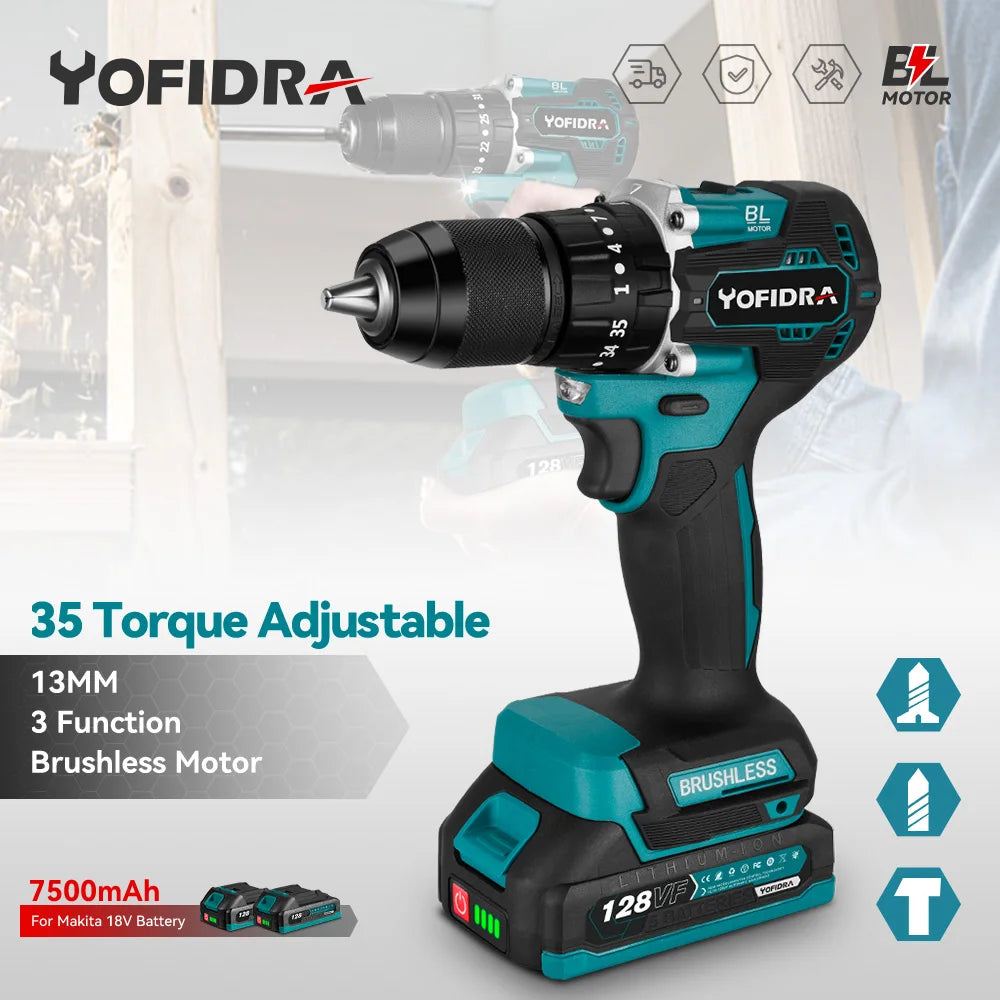 YOFIDRA 35+3 Torque Brushless Electric Impact Drill 13MM Multifunction Electric Screwdriver Power Tools Makita 18V Battery Pin