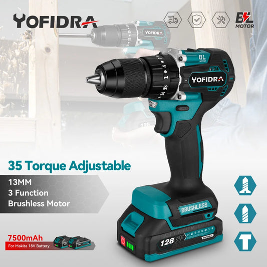 YOFIDRA 35+3 Torque Brushless Electric Impact Drill 13MM Multifunction Electric Screwdriver Power Tools Makita 18V Battery Pin