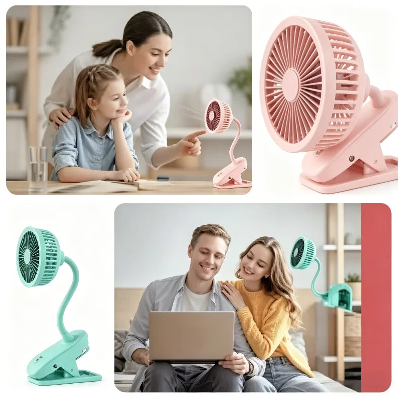Lenovo USB oplaadbare clip-on kleine ventilator, 360° verstelbare mini-ventilator op batterijen, krachtige wind, flexibele nek, stille desktopventilator