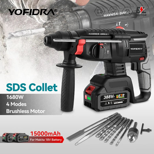 YOFIDRA 26MM Brushless Electric Hammer Drilling Impact Drill Multi-function Cordless Rotary Power Tool For Makita Battery Pin