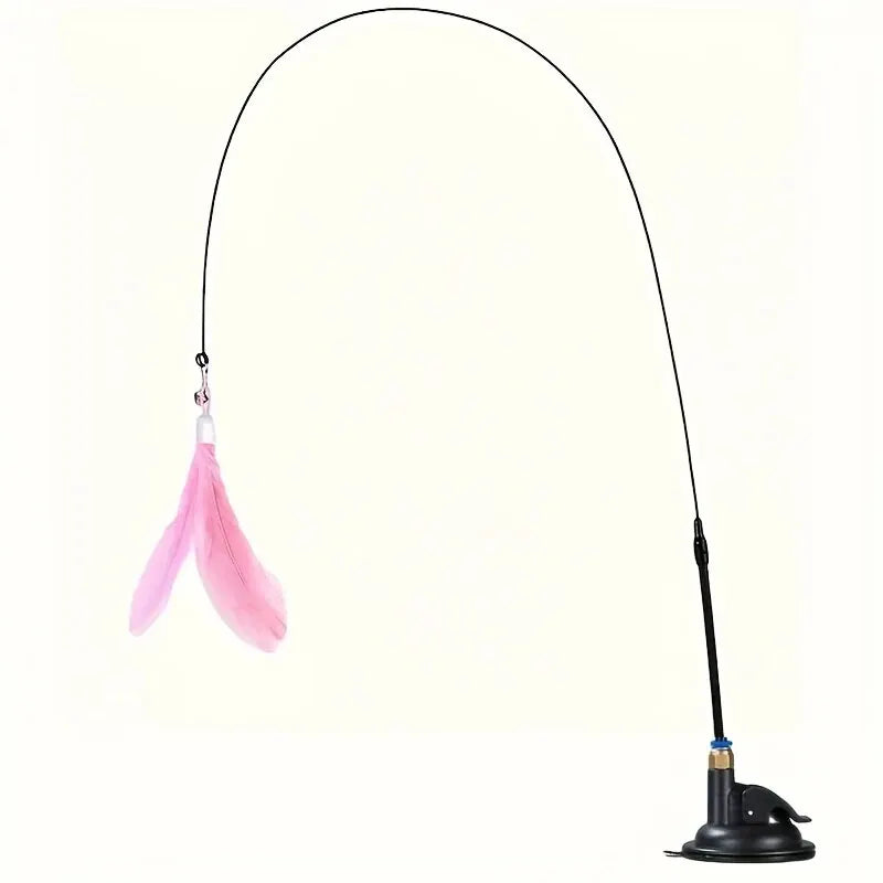 A flexible cat toy with a suction cup base and pink feathers.