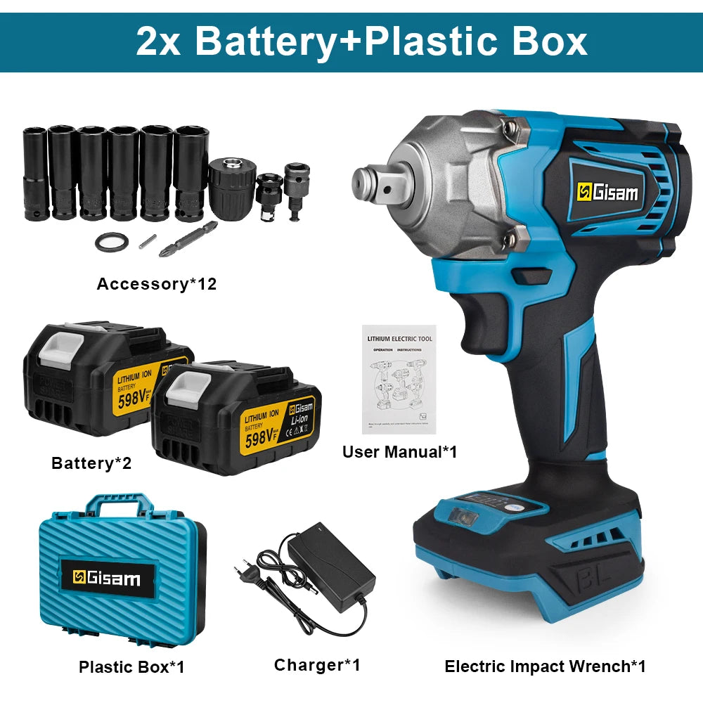 Gisam 1200NM Borstelloze Elektrische Slagmoersleutel Oplaadbaar 1/2" Autobanden Snoerloos Elektrisch Gereedschap voor Makita 18V Accu Pin