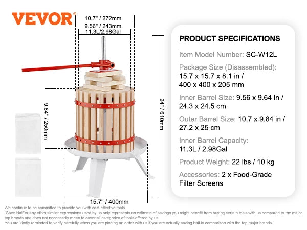 SucceBuy 6-18L Fruit Wine Press Solid Wood Basket  6 or 8 Blocks Manual Juice Maker with Pole Handle Bar for Kitchen and Home