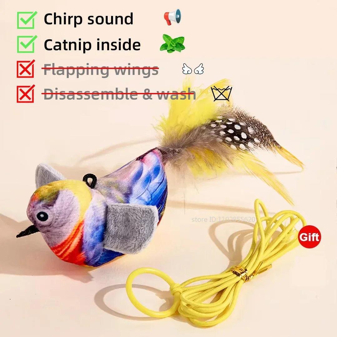 A colorful bird-shaped cat toy with feathers and a yellow string.