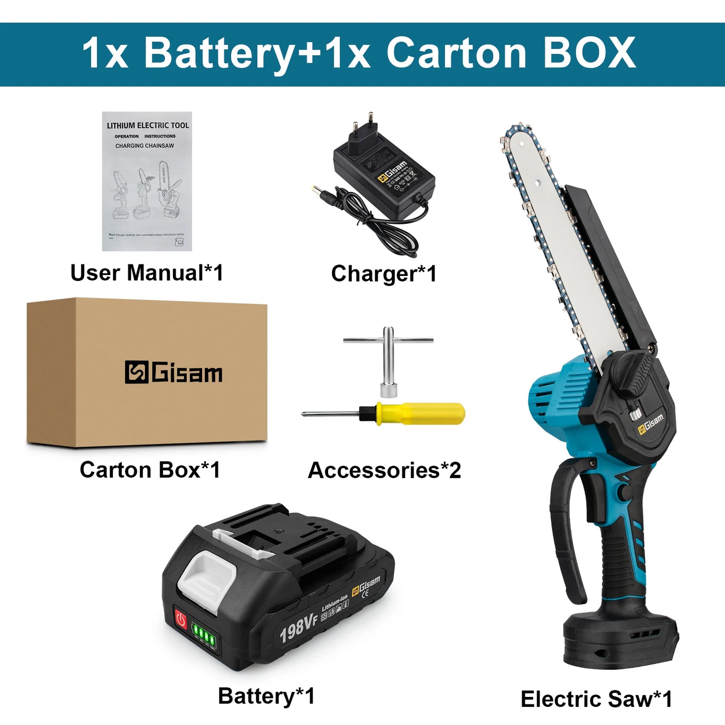 Gisam 8'' Brushless Mini Chainsaw Cordless Electric Saw Rechargeable Woodworking Garden Pruning Saw for Makita 18V Battery Pin