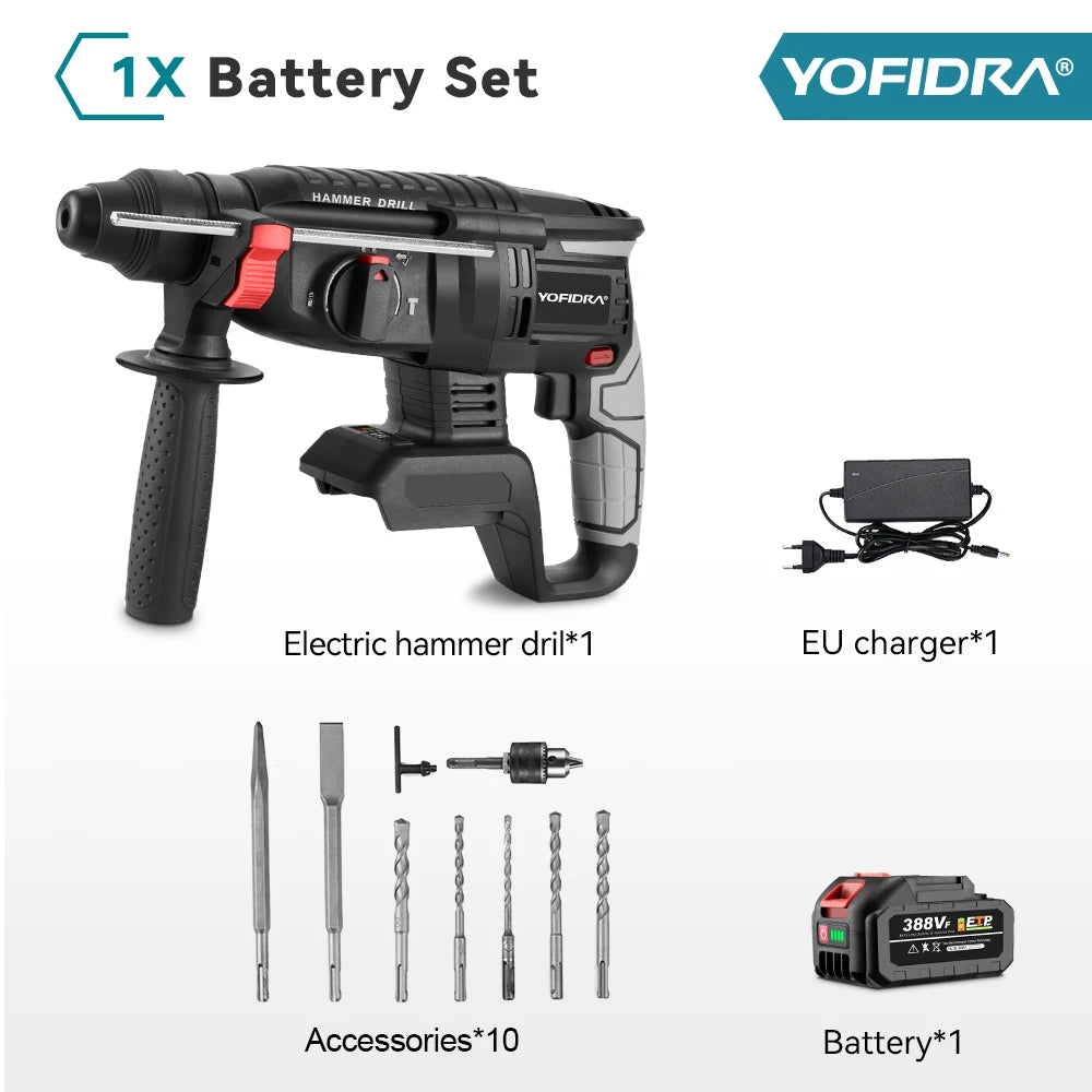 YOFIDRA 26MM Brushless Electric Hammer Drilling Impact Drill Multi-function Cordless Rotary Power Tool For Makita Battery Pin