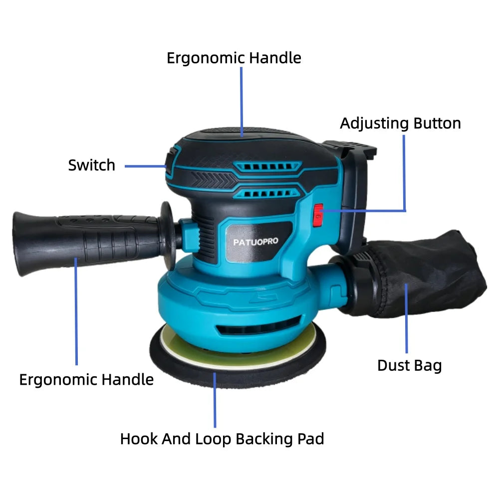 PATUOPRO Snoerloze elektrische excentrische schuurmachine met 6 snelheden, 125 mm, voor Makita 18V-accu