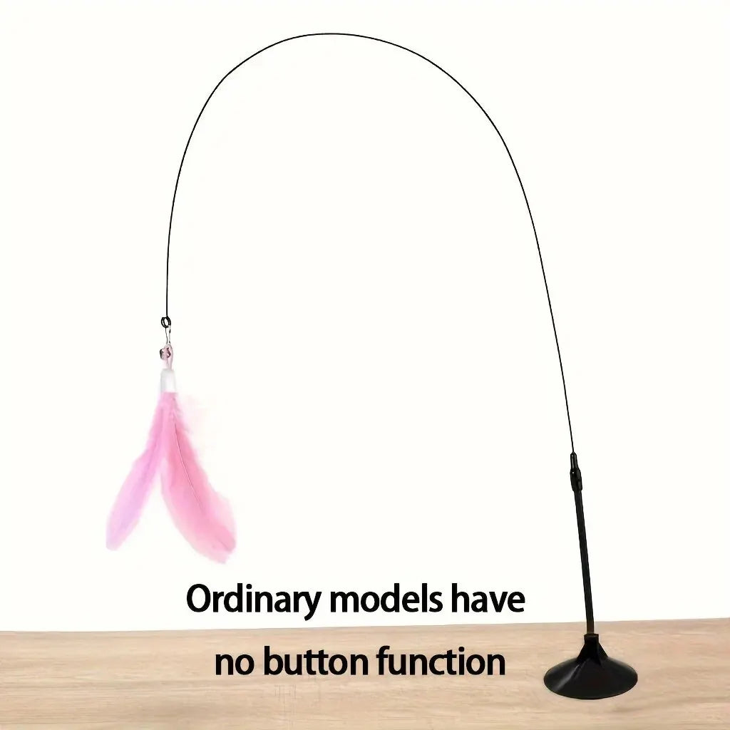 A flexible cat wand toy with a feathered lure attached to a weighted base.