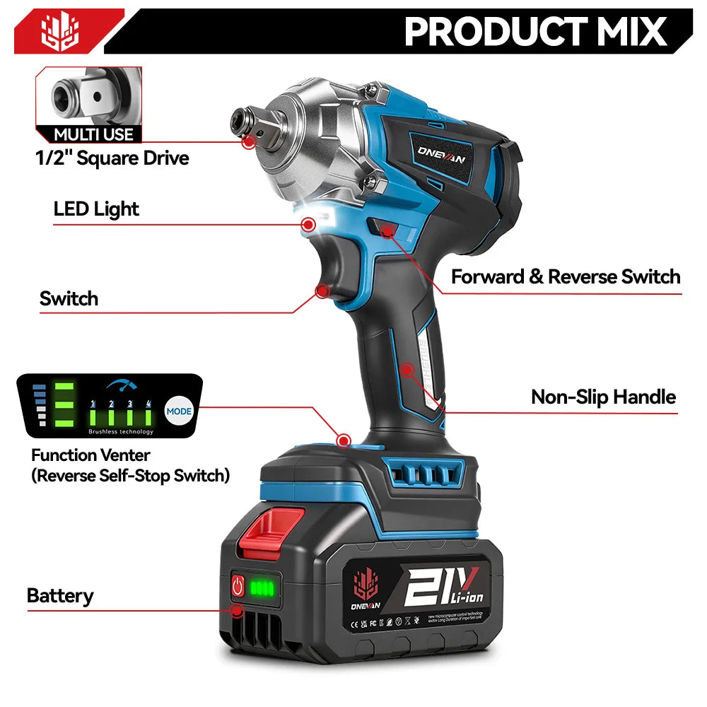 ONEVAN 1200N.M Torque Brushless Electric Impact Wrench 1/2 Inch Cordless Electric Wrench Power Tools For Makita 18V Battery Pin