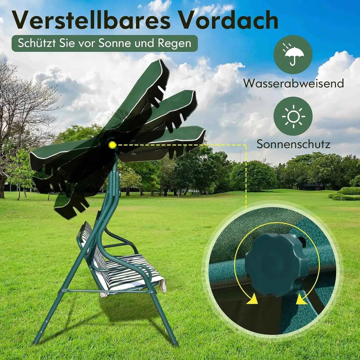 3 Seater Hollywood Swing Garden Swing with Adjustable Roof, Swing Bench, 172 x 110 x 154 cm (Green and White)