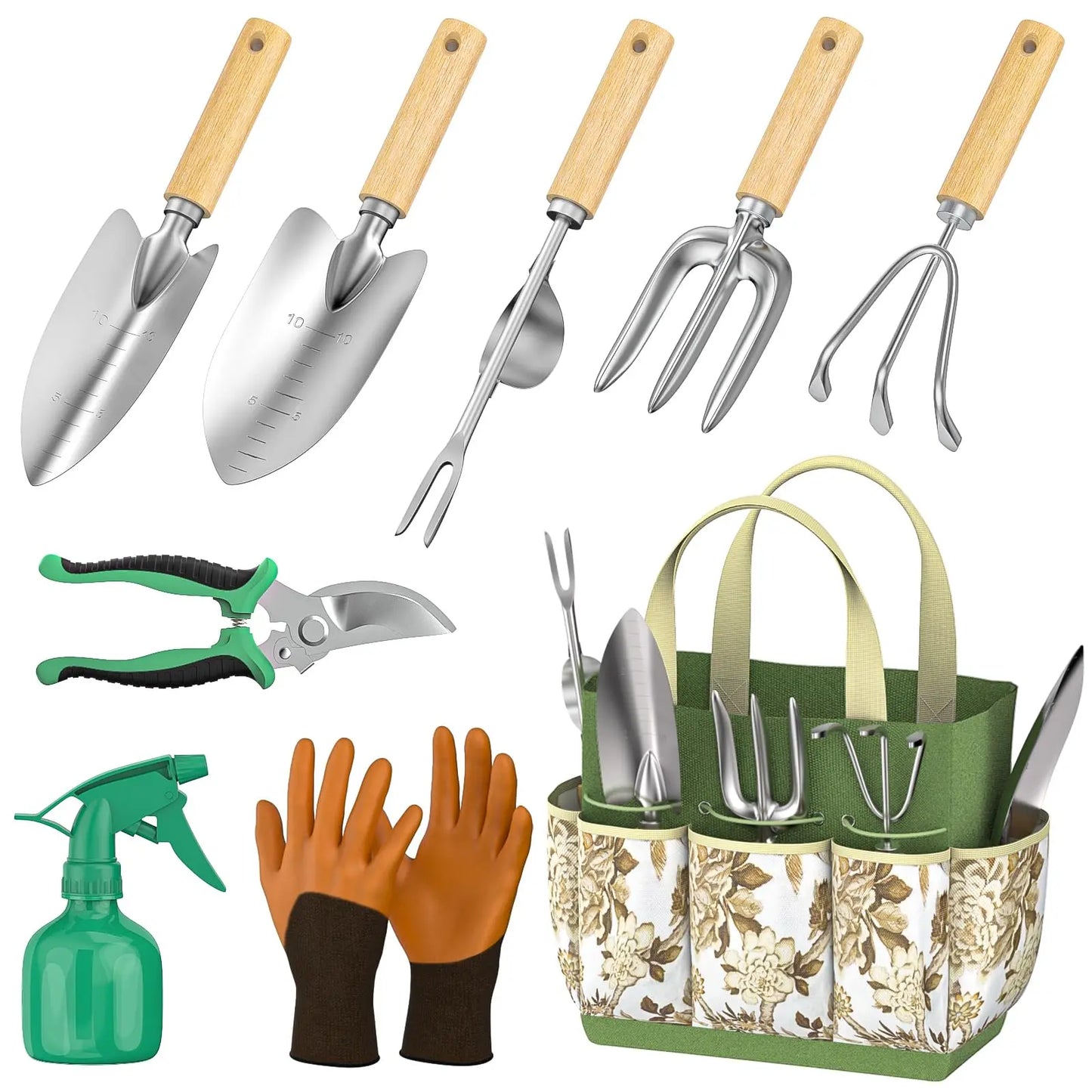 9 Piece Garden Weeding Tools Stainless Steel Gardening Tool Set with Wooden Handle, Weeder