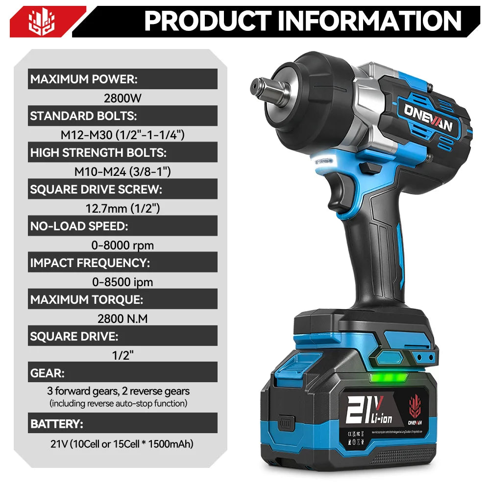 ONEVAN 2800N.M Torque Brushless Electric Impact Wrench 5 Speed Cordless Wrench Screwdrive Power Tool  For Makita 18V Battery Pin