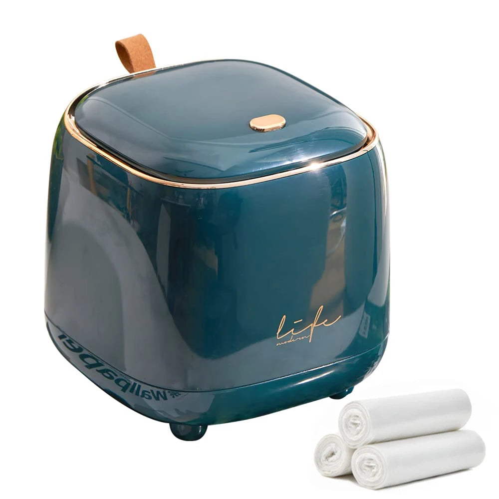 Mini Countertop Trash Can with 3 Rolls of Trash Bags, Waste Can with Press Type Lid, 1.5 Liter Wastebasket Trash Can Dispenser