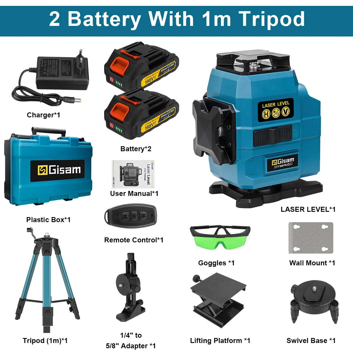 Gisam 16 Lines 4D Laser Level 360 Vertical & Horizontal Lasers Professional Super Power Green Beam For Makita 18V Battery Pins