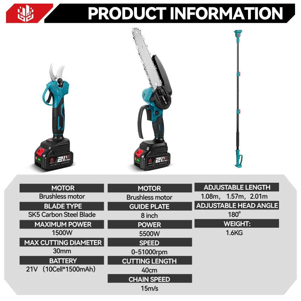 ONEVAN Brushless Cordless Pole Saw 8‑Inch Chainsaw High Branch Electric Pruning Shears Gardening Tool For Makita 18V Battery Pin