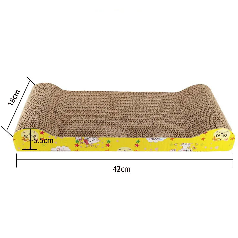 Corrugated cardboard cat scratcher with a yellow decorative border.