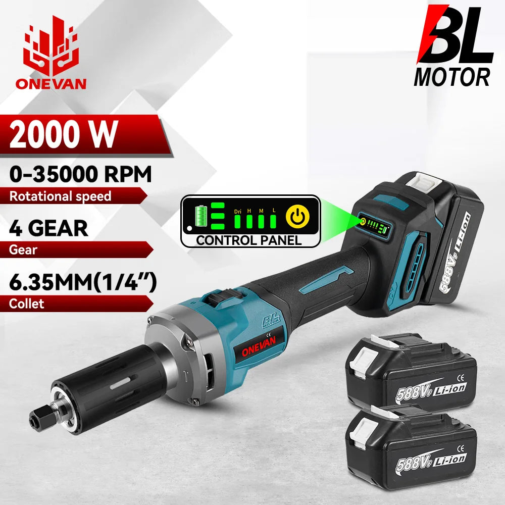 ONEVAN 35000RPM Borstelloze Elektrische Rechte Slijpmachine 2000W 4 Versnellingen Instelbaar Snoerloos Polijst Roterend Gereedschap voor Makita 18v Accu Pin