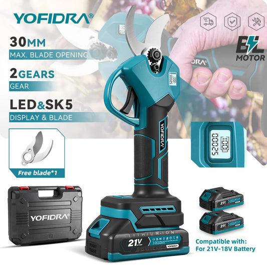 YOFIDRA Brushless Electric Scissors 30MM 2Gears Cordless Fruit Tree Branch Pruner Shear Power Tools For Makita 21V Battery Pin