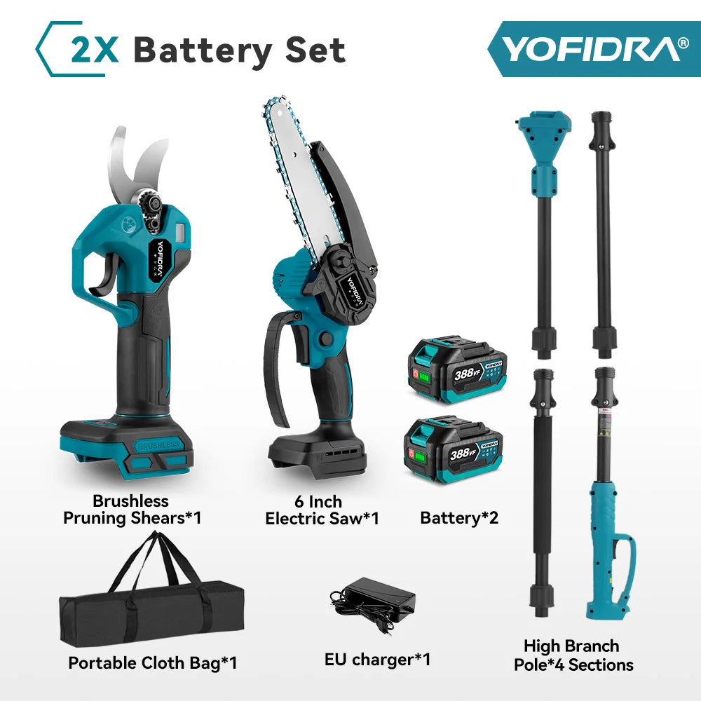 YOFIDRA Borstelloze elektrische kettingzaag met telescopische steel, 3-in-1 takkenzaag voor houtbewerking en snoeien, elektrisch gereedschap voor Makita-accu