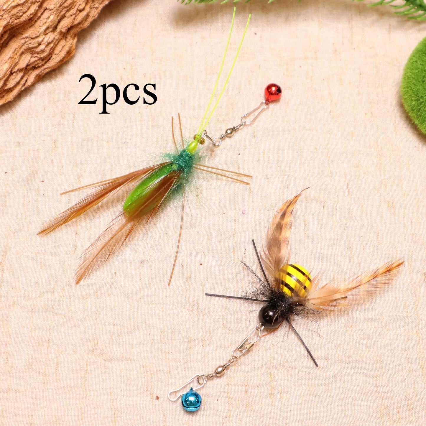 2pcs Simulation Mantis Bee Feather Replacement Accessories Funny Cat Stick Rod Teaser Pet Toy Plastic Wood