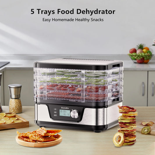BioloMix BPA FREE 5 Trays Food Dryer Dehydrator with Digital Timer and Temperature Control for Fruit Vegetable Meat Beef Jerky