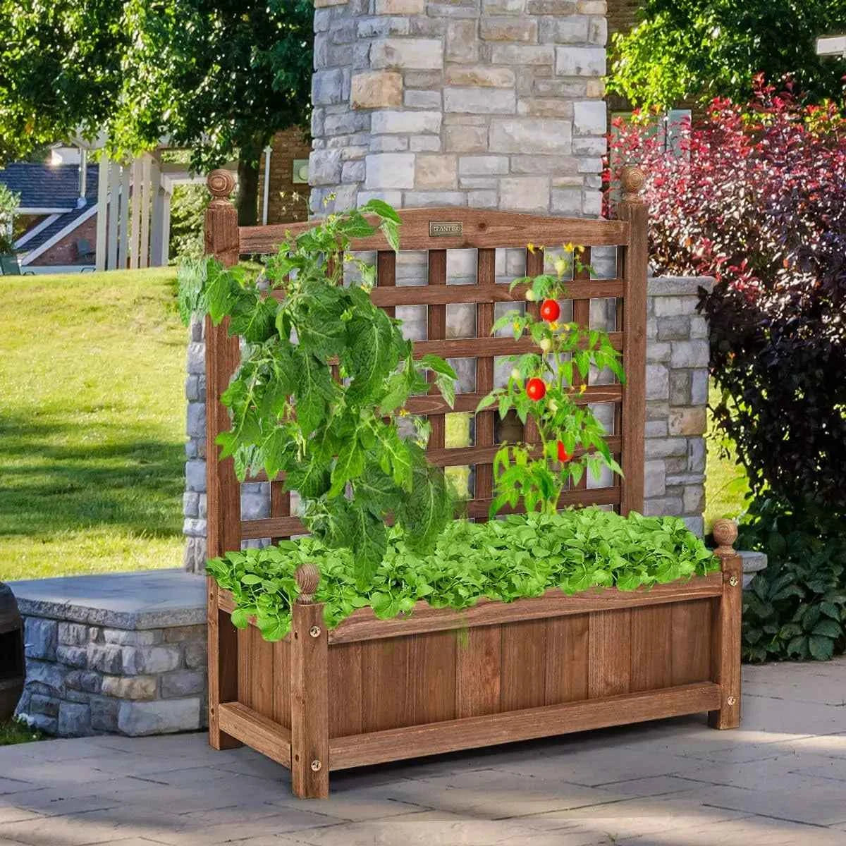 Flower Box with Trellis, Wooden Planter, Raised Bed with Trellis, Flower Tub, Trellis , 64.5 x 28 x 75 cm, Brown