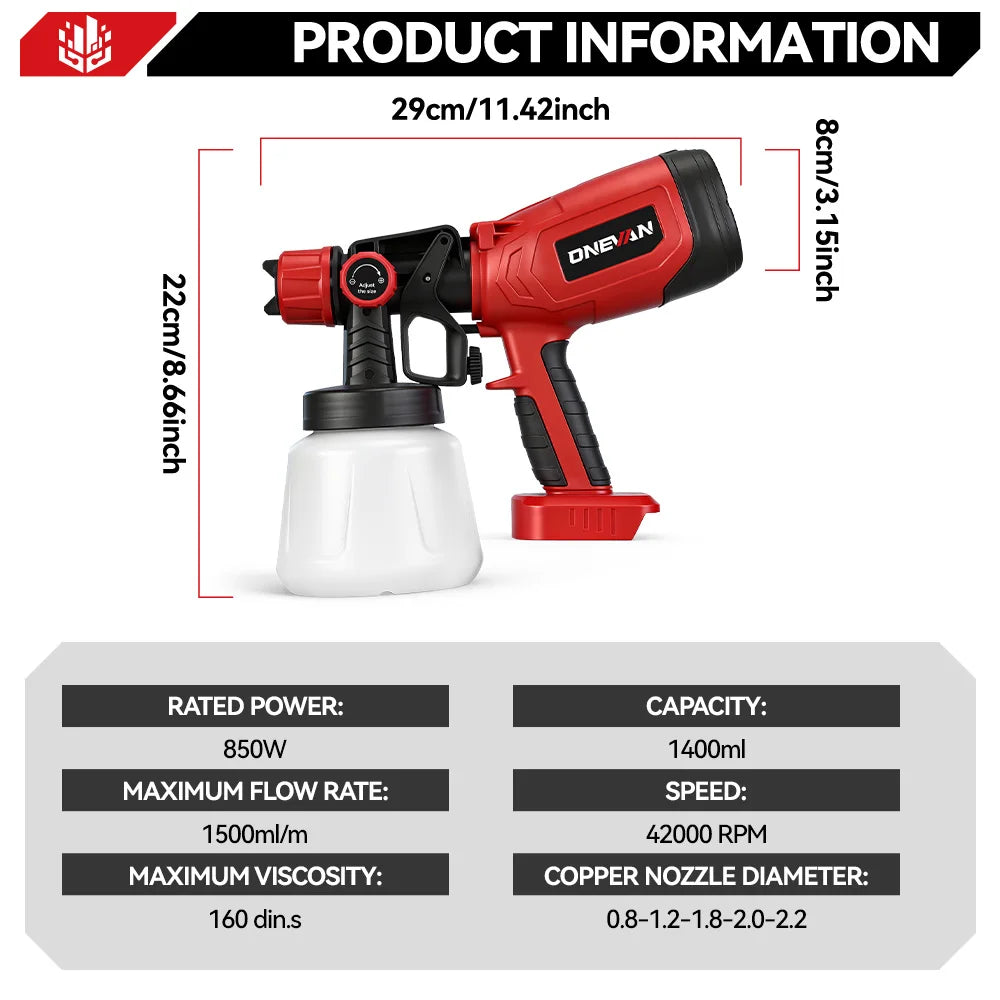ONEVAN 1400ML Elektrisch Spuitpistool Draadloze Verfspuit voor Thuisgebruik Auto Meubels Staalcoating Airbrush Geschikt voor Makita 18V Accu