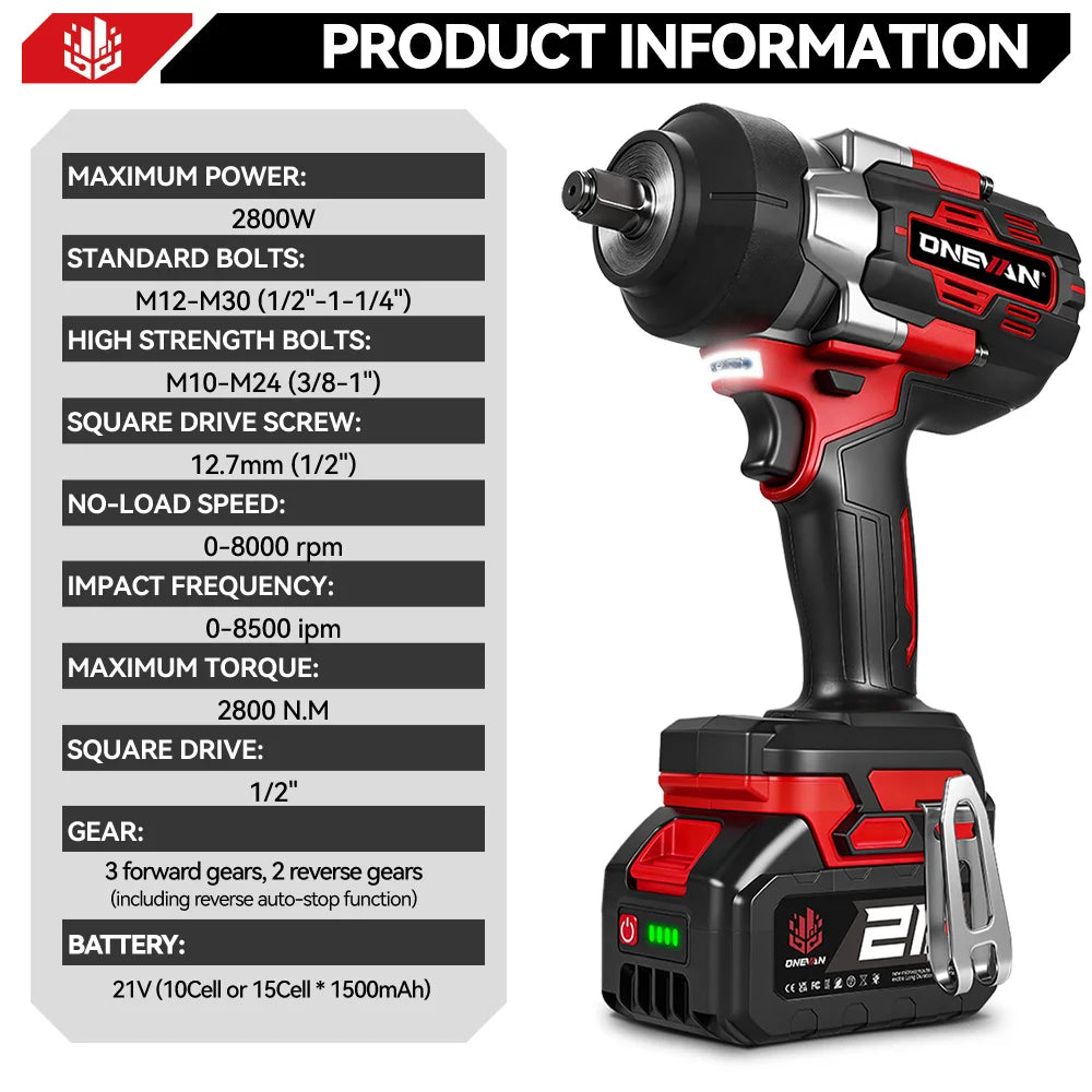 ONEVAN Borstelloze 2800 N.m Elektrische Slagmoersleutel 1/2 Inch 5 Versnellingen Snoerloze Sleutel Elektrisch Gereedschap voor Makita 18V Accu Pin