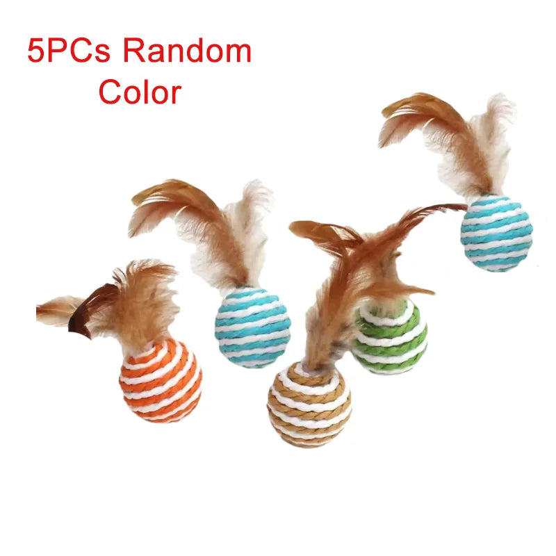 3/5/10 PCs Cat Feather Toys Interactive Cat Sisal Balls Funny Kitten Tease Toy Random Color Pet Cat Boredom Relief Toys