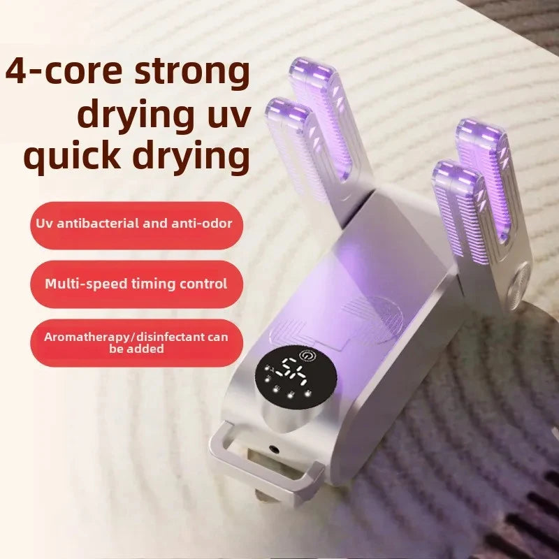 4-Core UV Shoe Dryer with 150W Deodorizing & Antibacterial Function, Multi-Speed Timing Control for Home Use