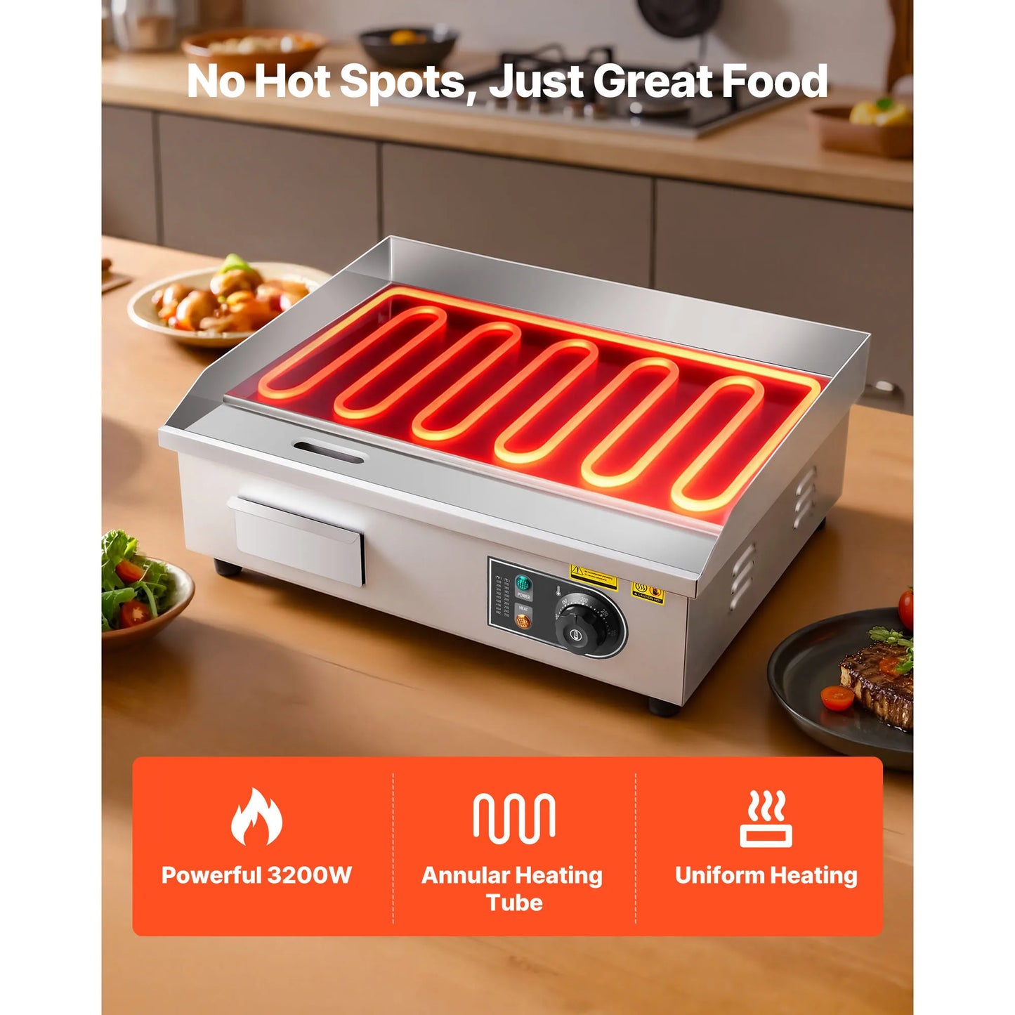 SucceBuy Commercial Electric Griddle 50-300°C Adjustable Temp Control, Stainless Steel Countertop Flat Top Grill for Steak Panc