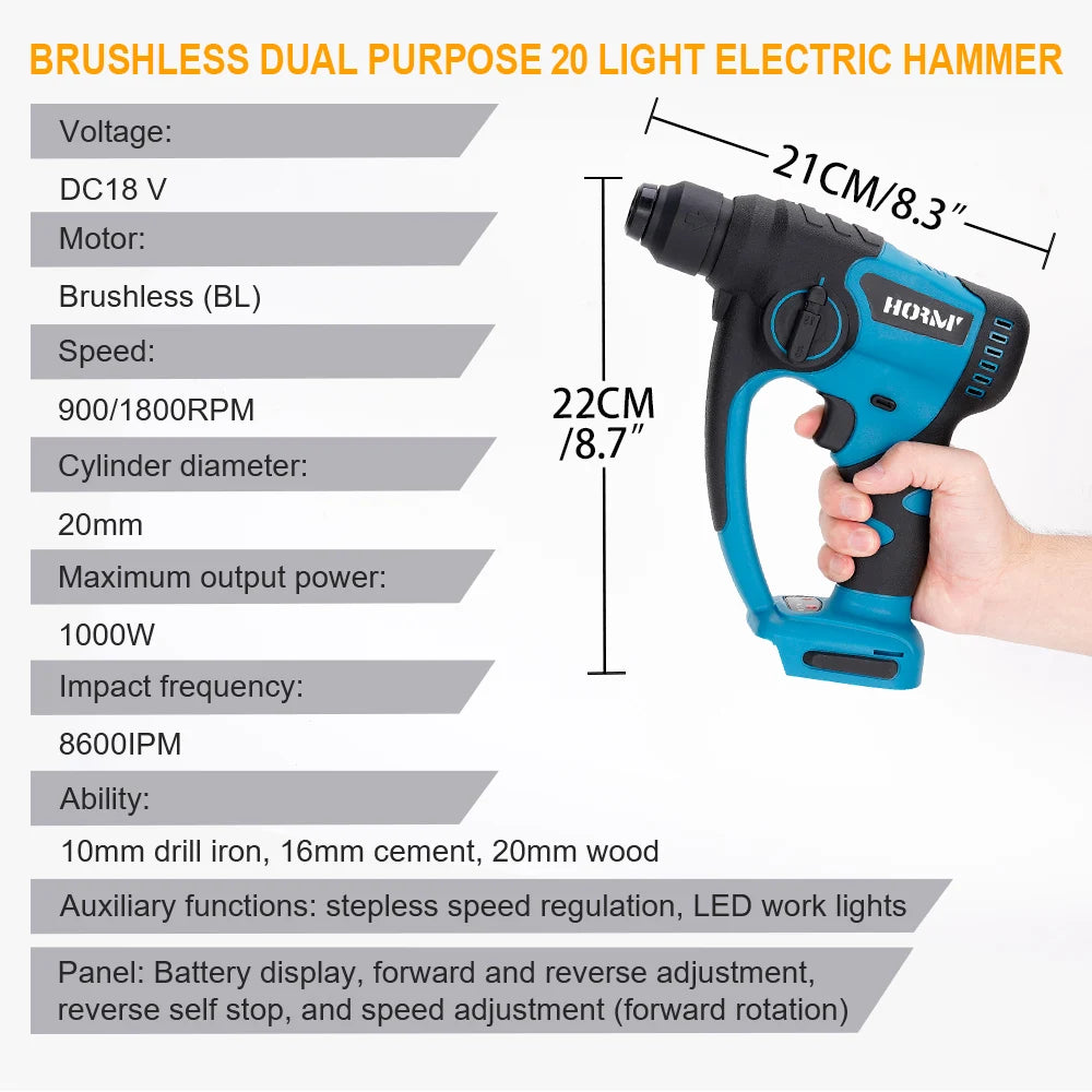 Brushless dual-purpose electric hammer drill with specifications.
