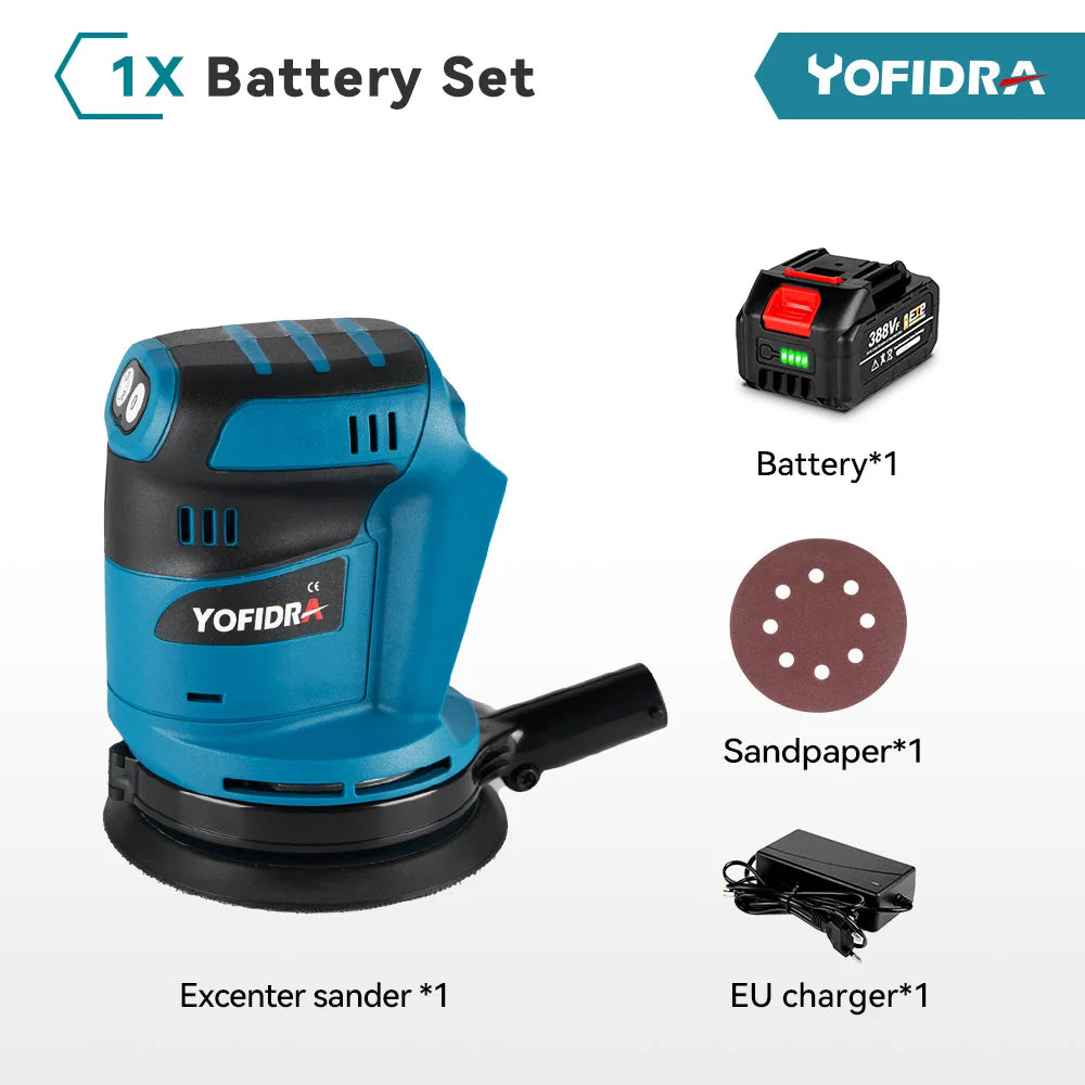 YOFIDRA Electric Orbital Sander 125MM Cordless Grinding Sanding Polishing Machine Woodworking Power Tool For Makita Battery Pin