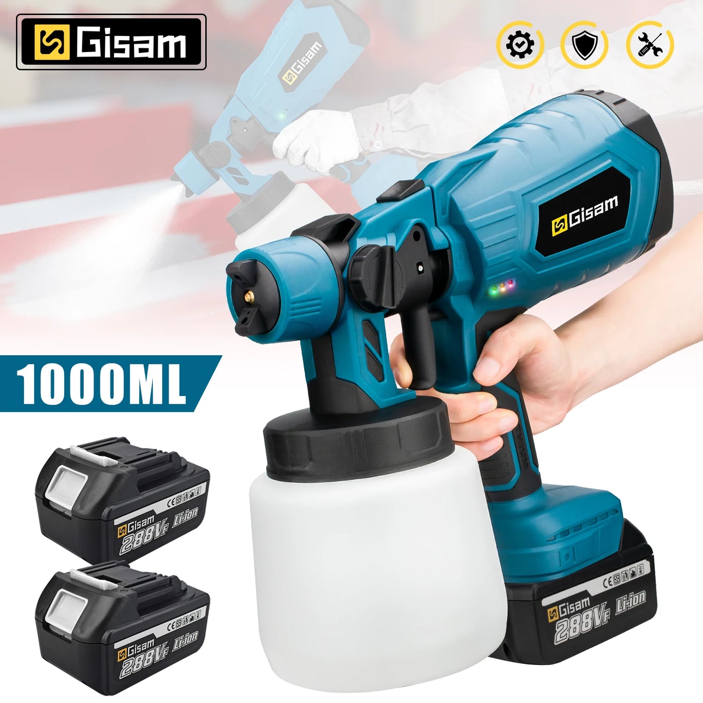 Gisam 1000ML Electric Spray Gun Home Cordless Paint Sprayer HVLP Auto Furniture Steel Coating Airbrush For Makita 18V Battery Pi