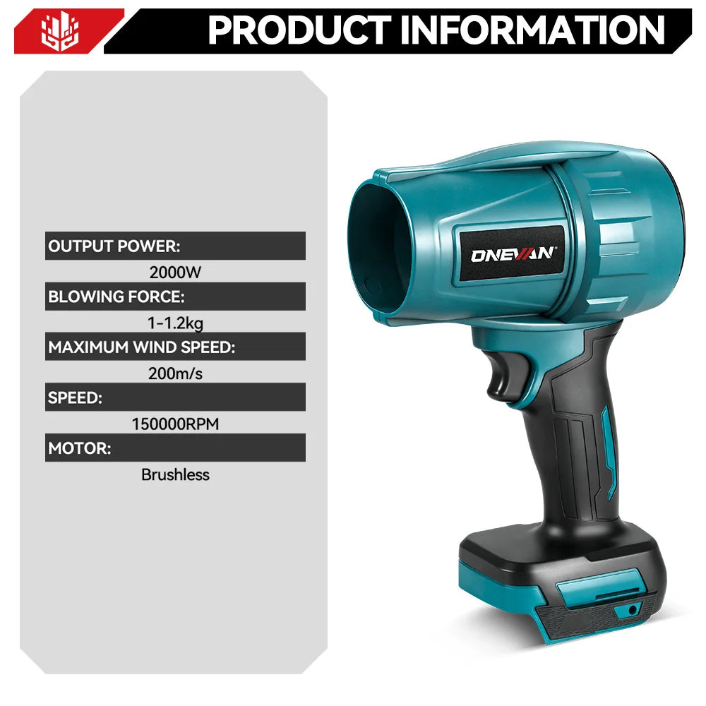 ONEVAN 200M/S Brushless Turbo Blower 2000W Handheld Cordless Electric Air Blower Dust Snow Removal Tool for 18V Battery