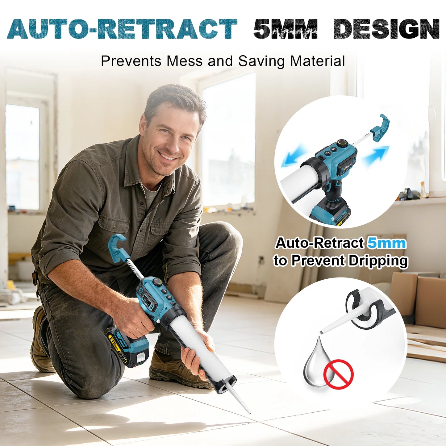 Gisam 400KG Electric Caulking Glue Gun Cordless Adhesive Glass Glue Gun Caulking Sealant Filling Sealing Home DIY Power Tool For Makita 18V Battery Pin