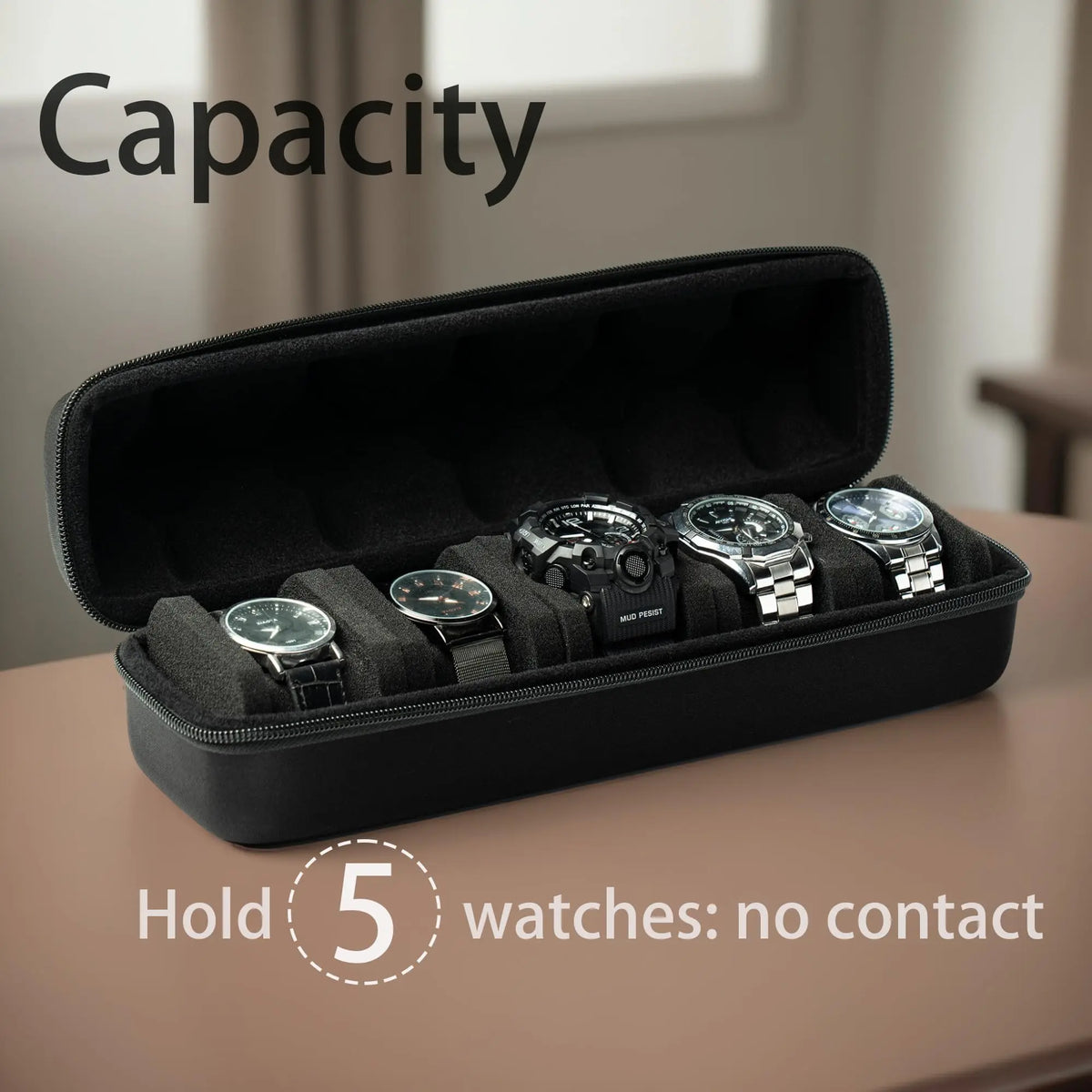 Hard 5 Slots Men's watch travel organizer case,compact watch box Fits All Wrist Watches&Smart Watches Up to 58mm (Cool Black)