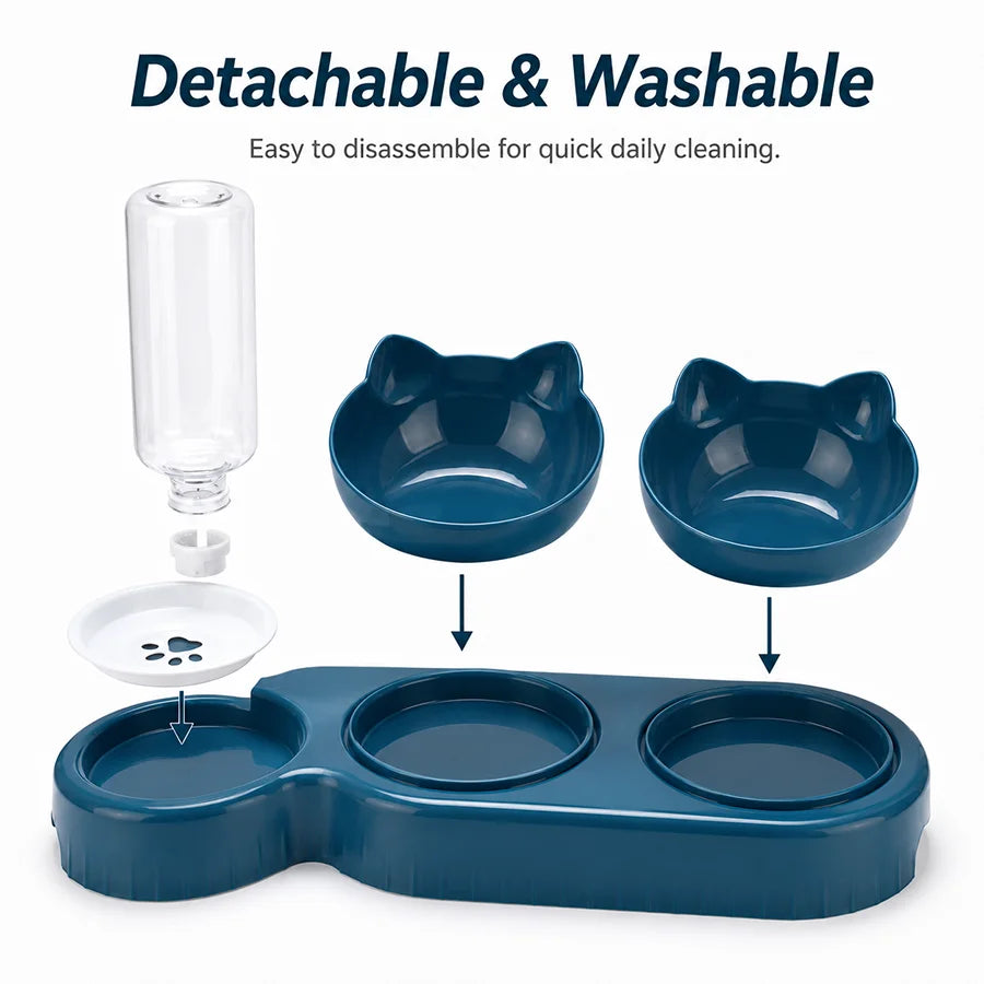 Automatic Cat Feeder Bowl Set with Dual 15° Tilted Bowls Gravity Water Dispenser Stable Base for Cats Small Dogs