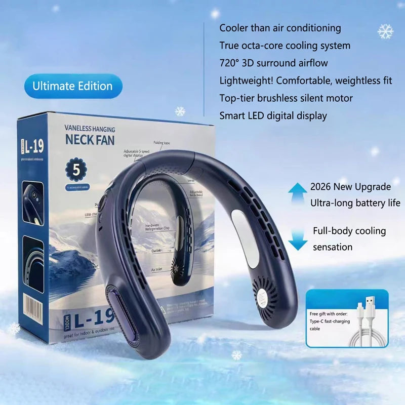 Nouveau ventilateur de cou suspendu sans pales Lenovo avec puce de refroidissement, ventilateur portable rechargeable par USB avec affichage numérique à cinq niveaux de réglage