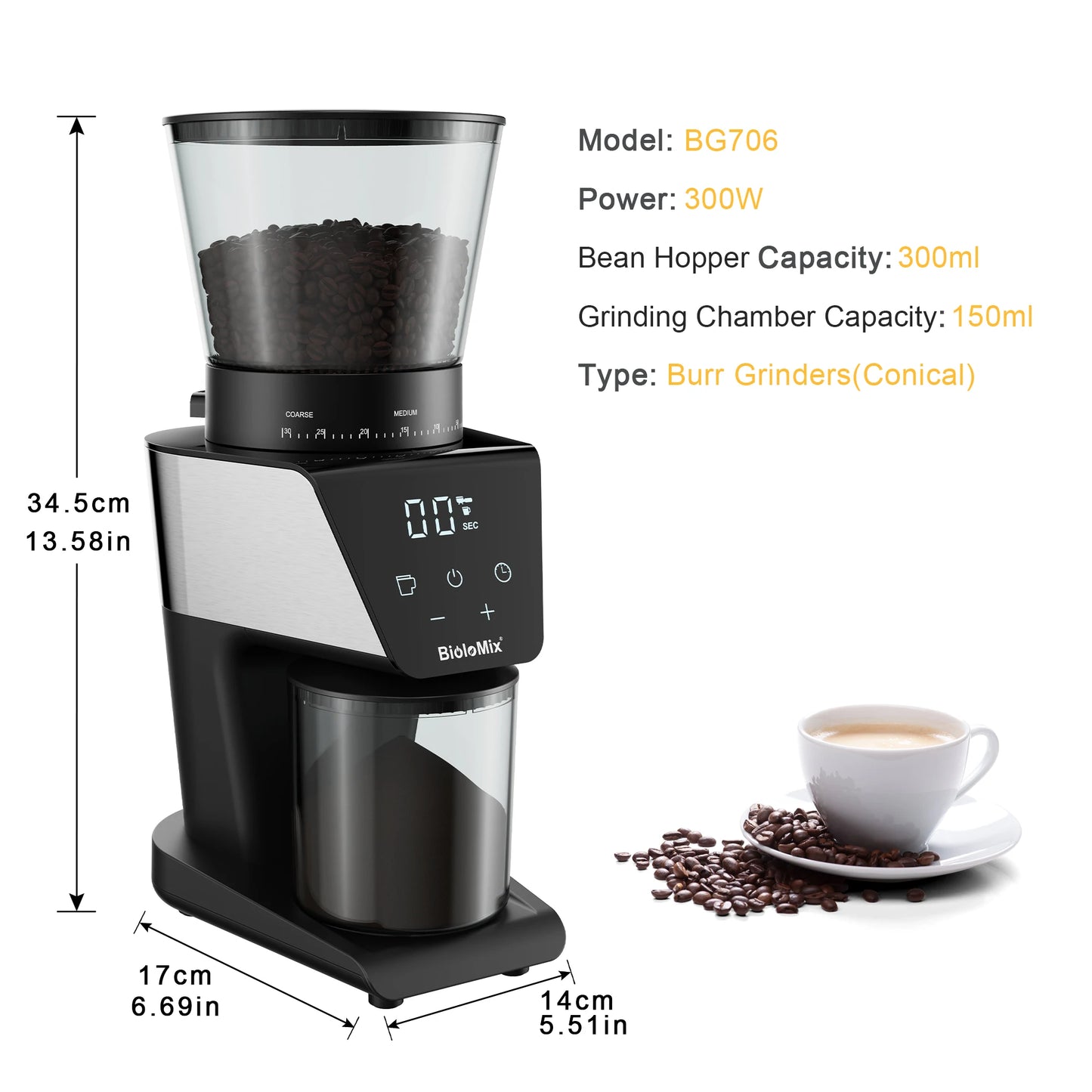 BioloMix Electric Coffee Grinder with Magnetic Ring - 30 Precise Grind Settings for Espresso, American, and Pour Over Coffee