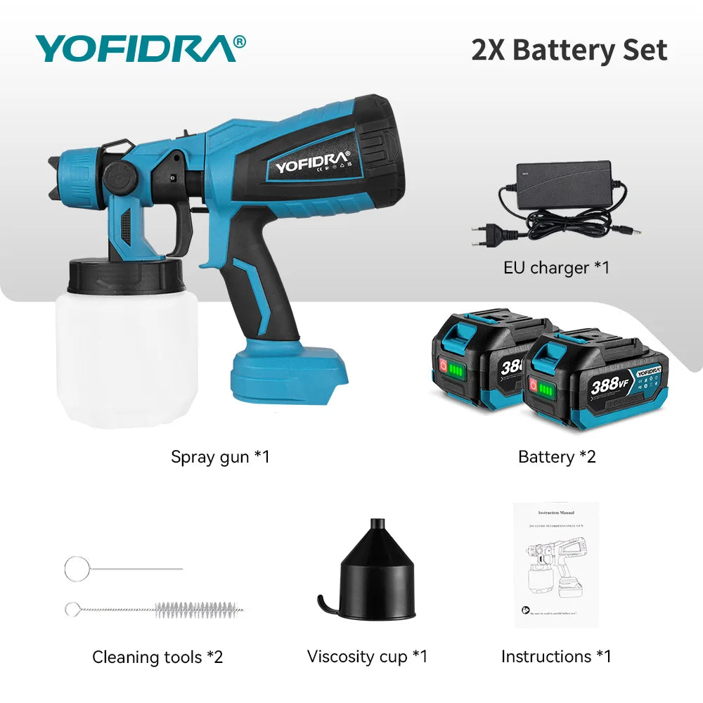 YOFIDRA 1000ML Cordless Electric Spray Gun 55000RPM Handheld Paint Sprayer Auto Coating Airbrush Tool for Makita 18V Battery Pin