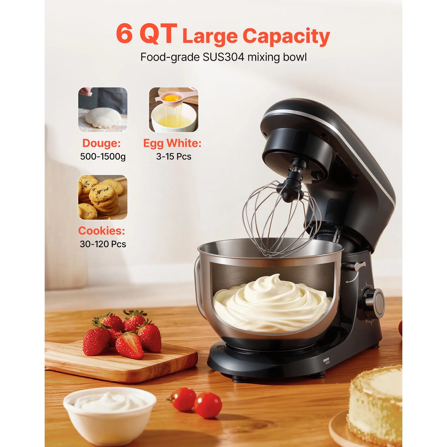 SucceBuy Stand Mixer Household Black 6 QT Dough Mixer with Stainless Steel Bowl Dough Hook Silicone Scraper for Baking & Mixing