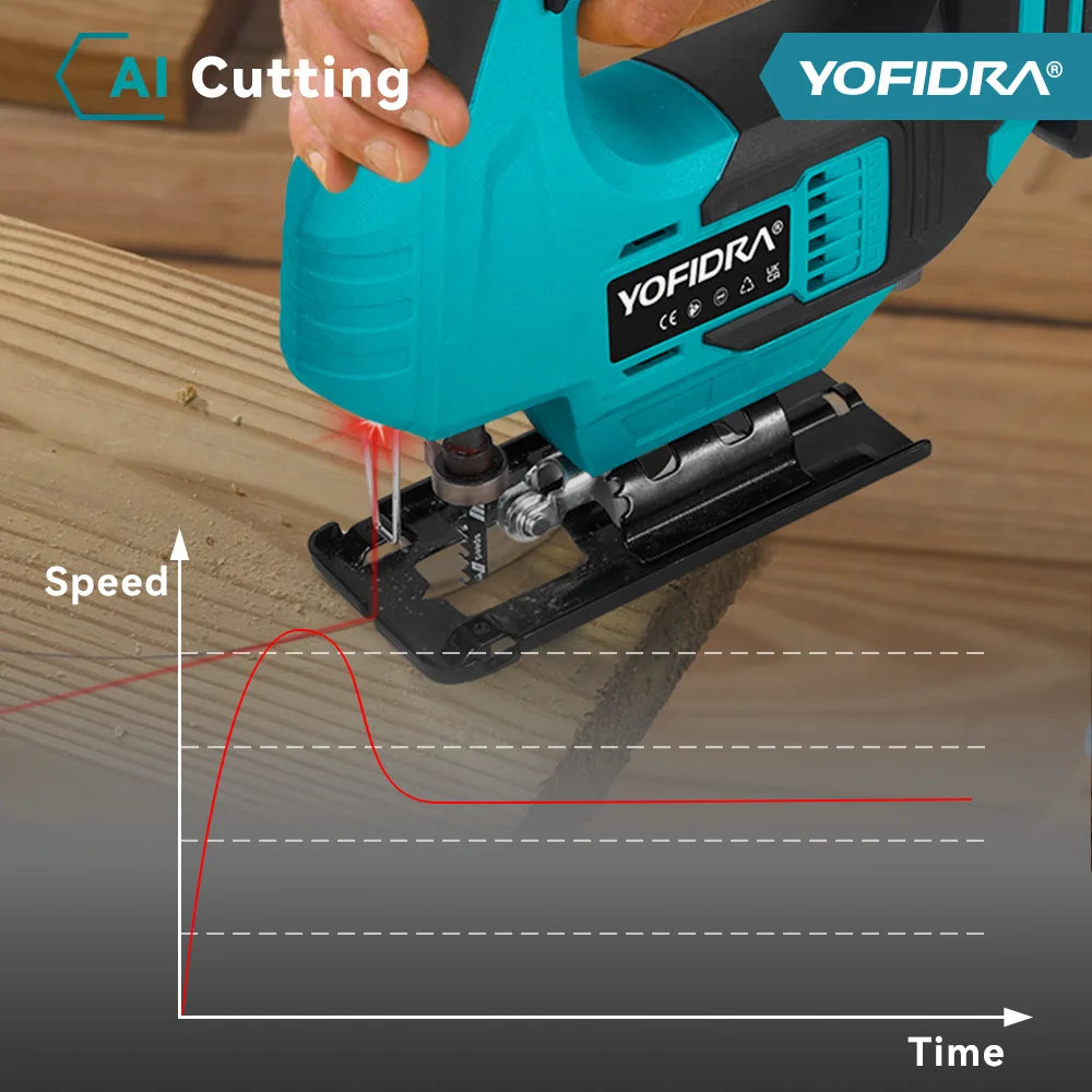 Scie sauteuse sans fil YOFIDRA avec laser rouge, outil électrique multifonction pour découpe de courbes, tuyaux et bois, compatible avec batteries Makita 18-21V