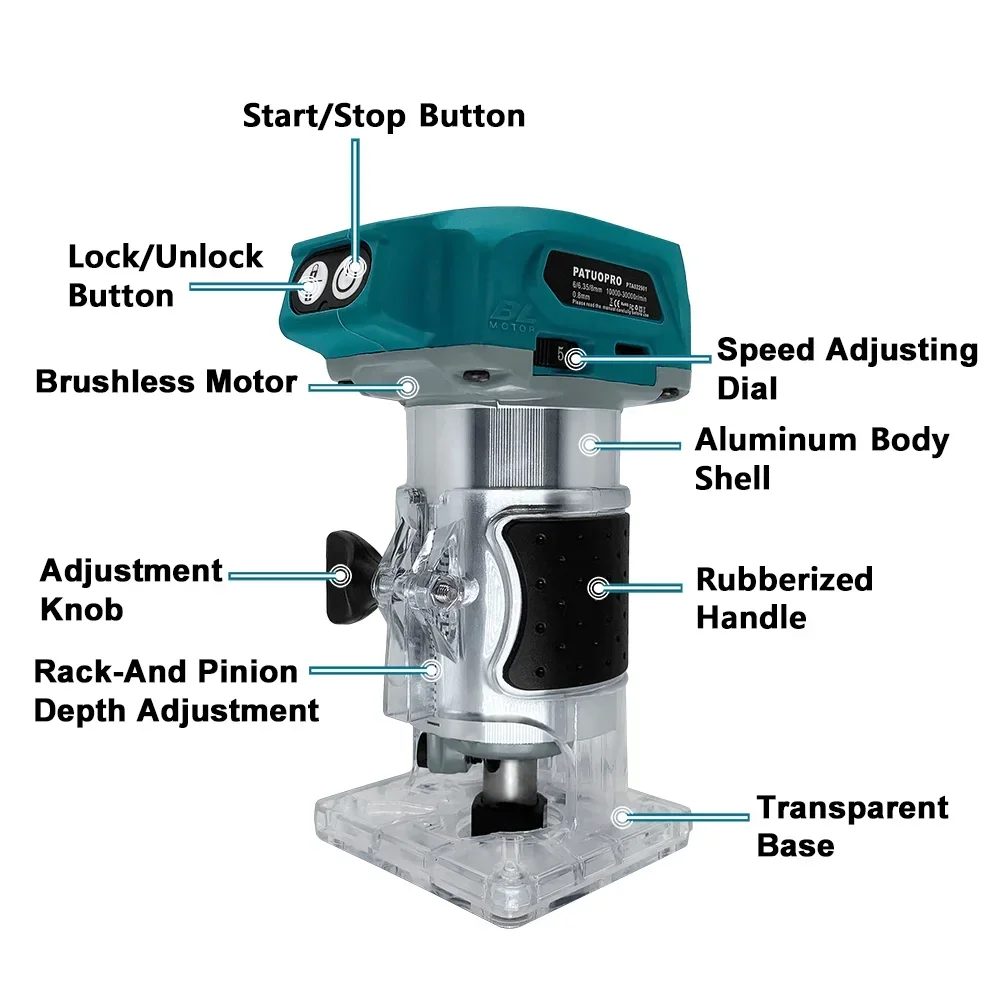 Défonceuse électrique portative sans fil à 5 vitesses, 30 000 tr/min, pour le travail du bois, la gravure et le rainurage (pinces de 6/6,35/8 mm), compatible avec batterie Makita 18V