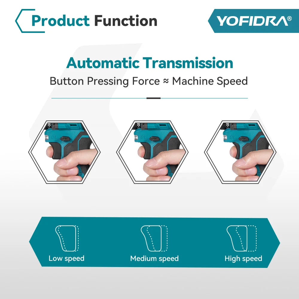 YOFIDRA Brushless Electric Drill Screwdriver 10MM Handheld Cordless Impact Drill Woodworking Power Tool For Makita 18V Battery