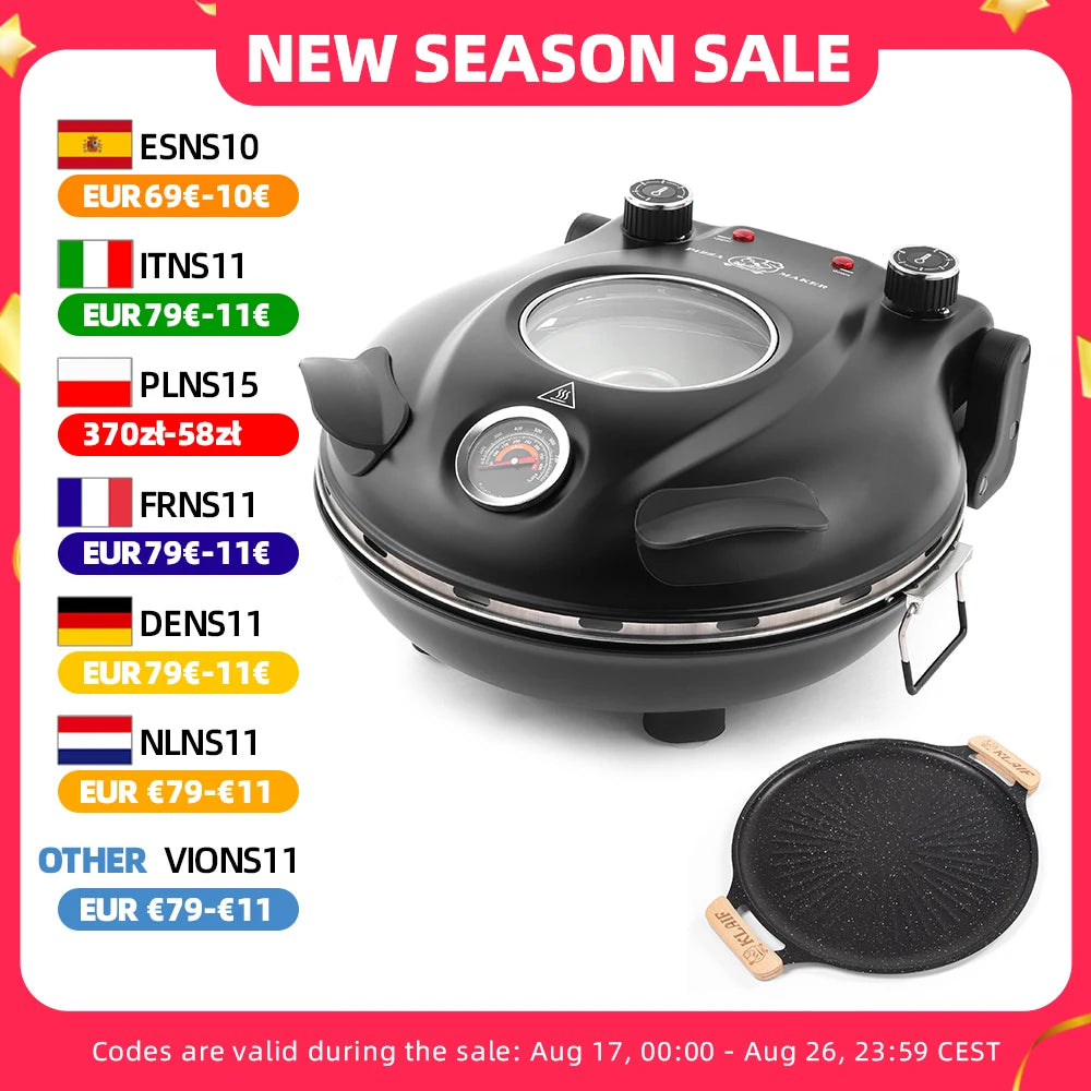 Household Electric Pizza Maker Oven Dual Independent Temp Control 420℃ Max Heat With 2Pcs 12" Plates Pizza Stone And Mineral Stone Grill Pan For Home Cooking
