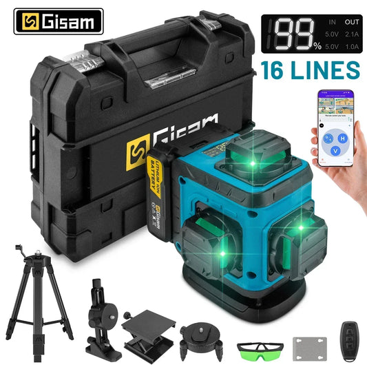 Gisam 4D 16 Lines 360°Self-leveling Laser Levels with Tripod and Suitcase Horizontal And Vertical Professional Laser Level Tool